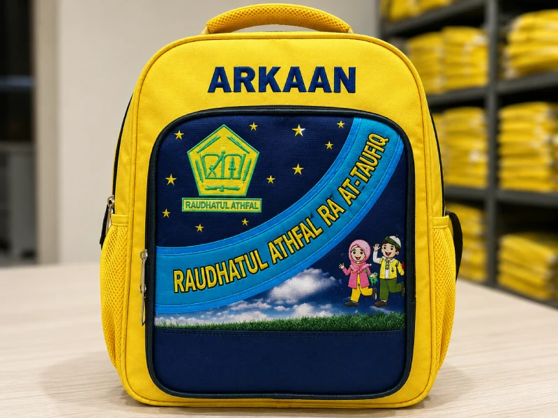 detail logo sekolah dan nama murid di tas sekolah custom TK SD Zydan Collection