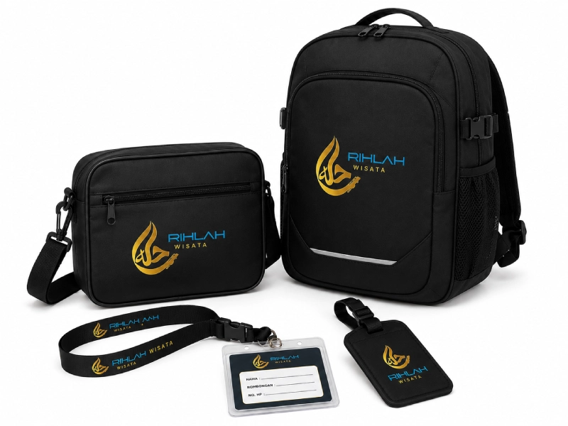 paket identitas jamaah umroh lengkap tas selempang ransel kabin tag koper custom biro travel