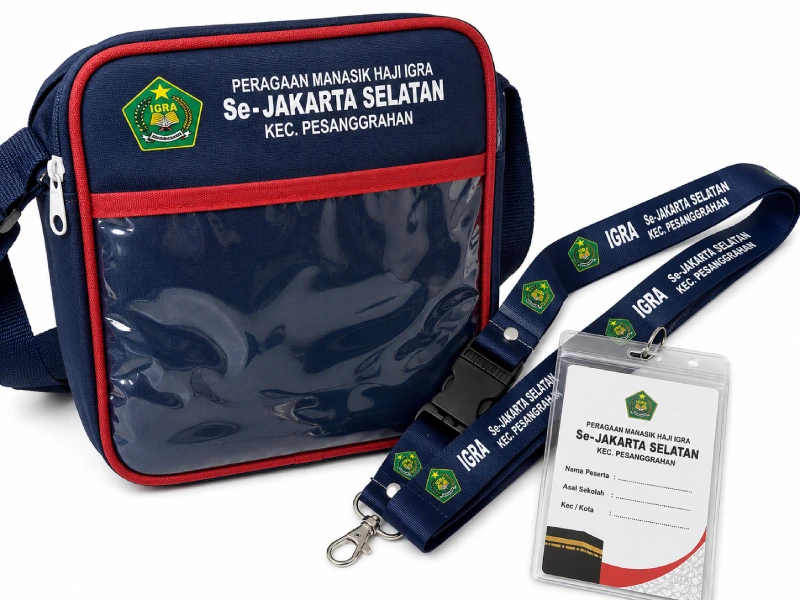 lanyard sablon logo sekolah dan mika name tag kartu identitas peserta manasik haji custom