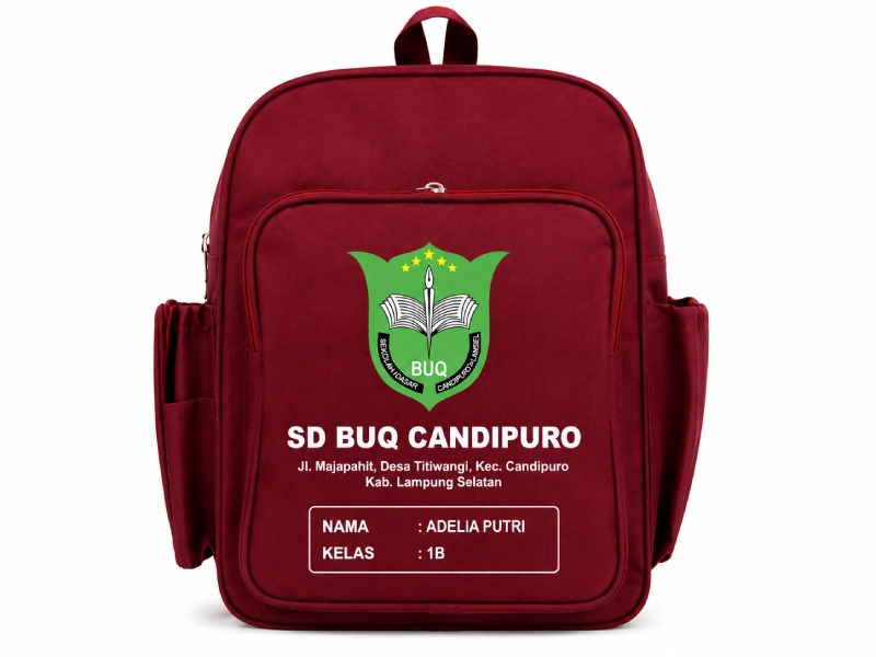 tampak depan tas SD custom logo sekolah bordir nama murid Zydan Collection